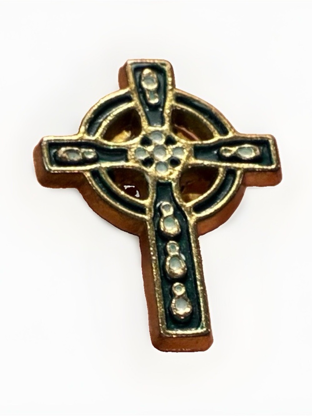 Vintage Celtic Cross Lapel Pin Green Enamel Gold Tone Irish Knotwork Tie Tack